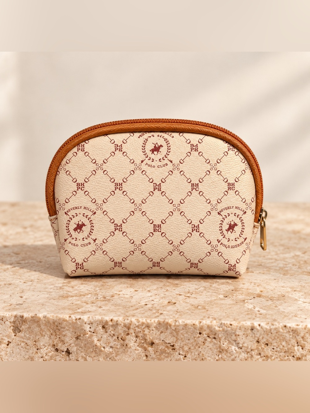 Beverly Hills Vintage Polo Club Cream Cosmetic Pouch with Tan Trim - Small